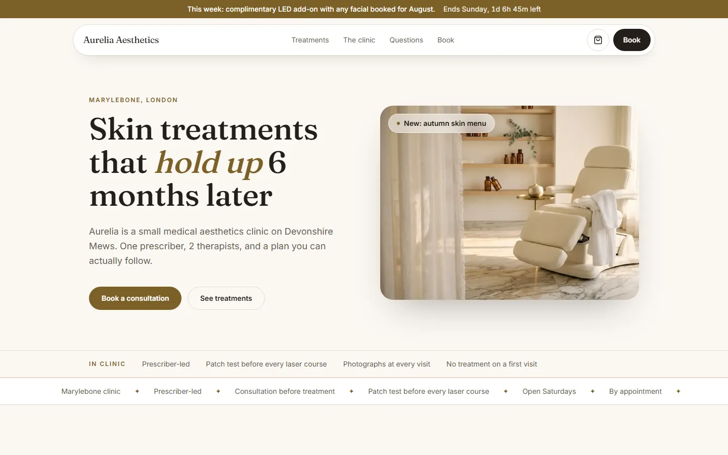 Aurelia Aesthetics homepage: serif headline beside a cream treatment room