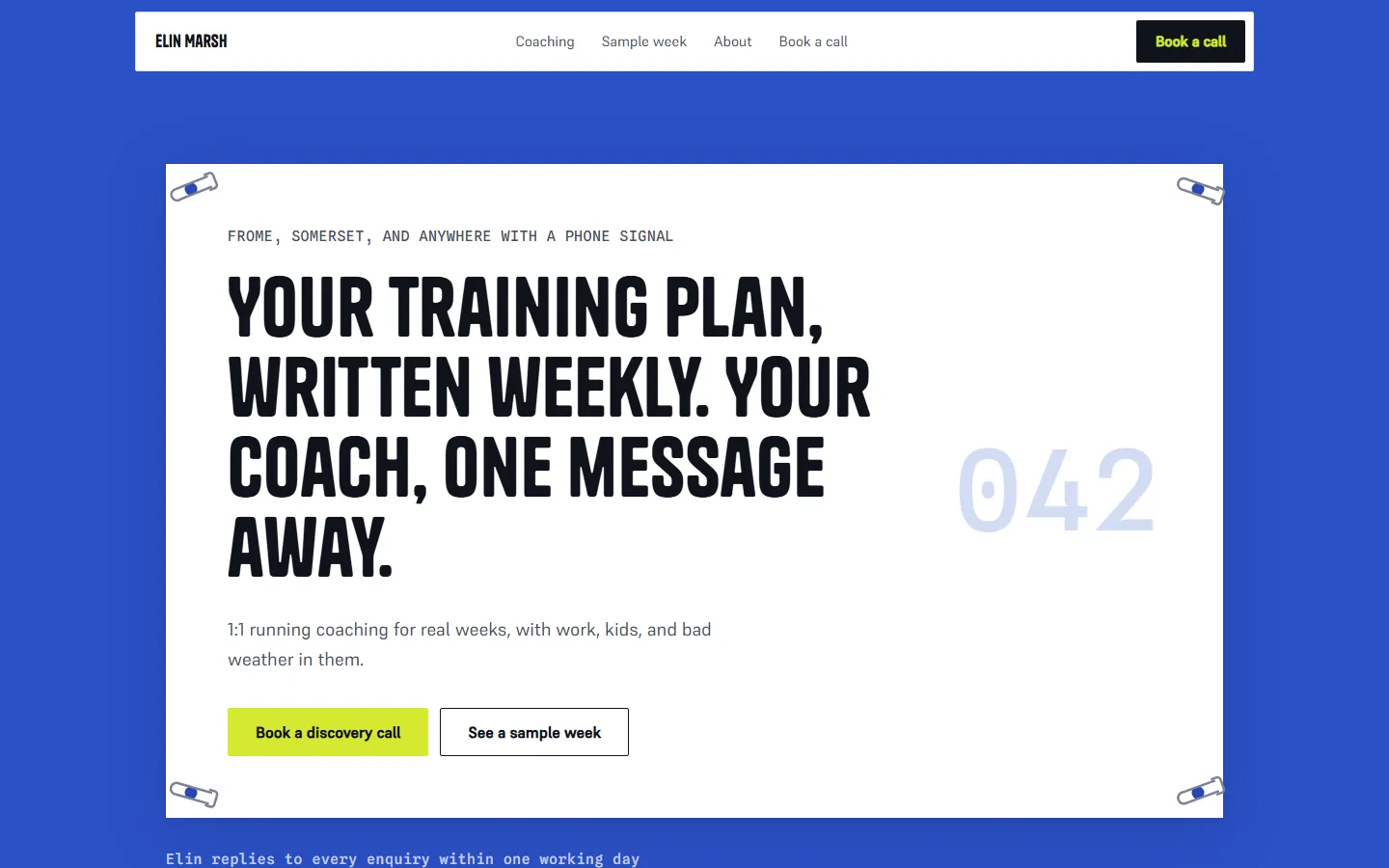 Elin Marsh Run Coaching homepage: a white race bib on track blue carrying the headline
