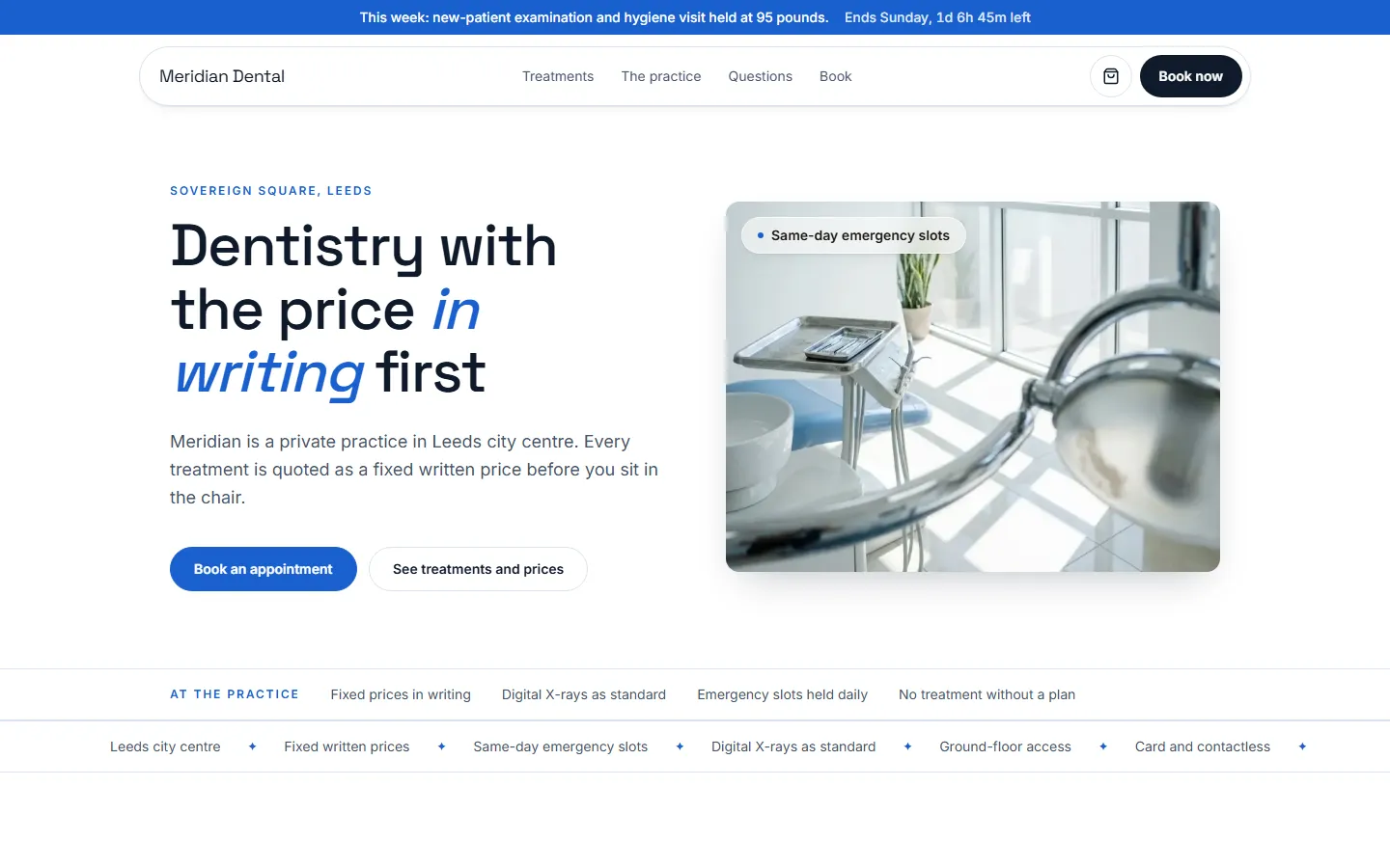 Meridian Dental homepage: blue and white layout with a sunlit surgery