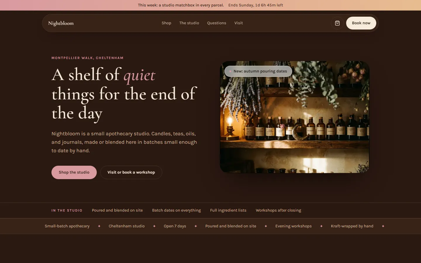 Nightbloom homepage: dark amber layout with candlelit apothecary shelves