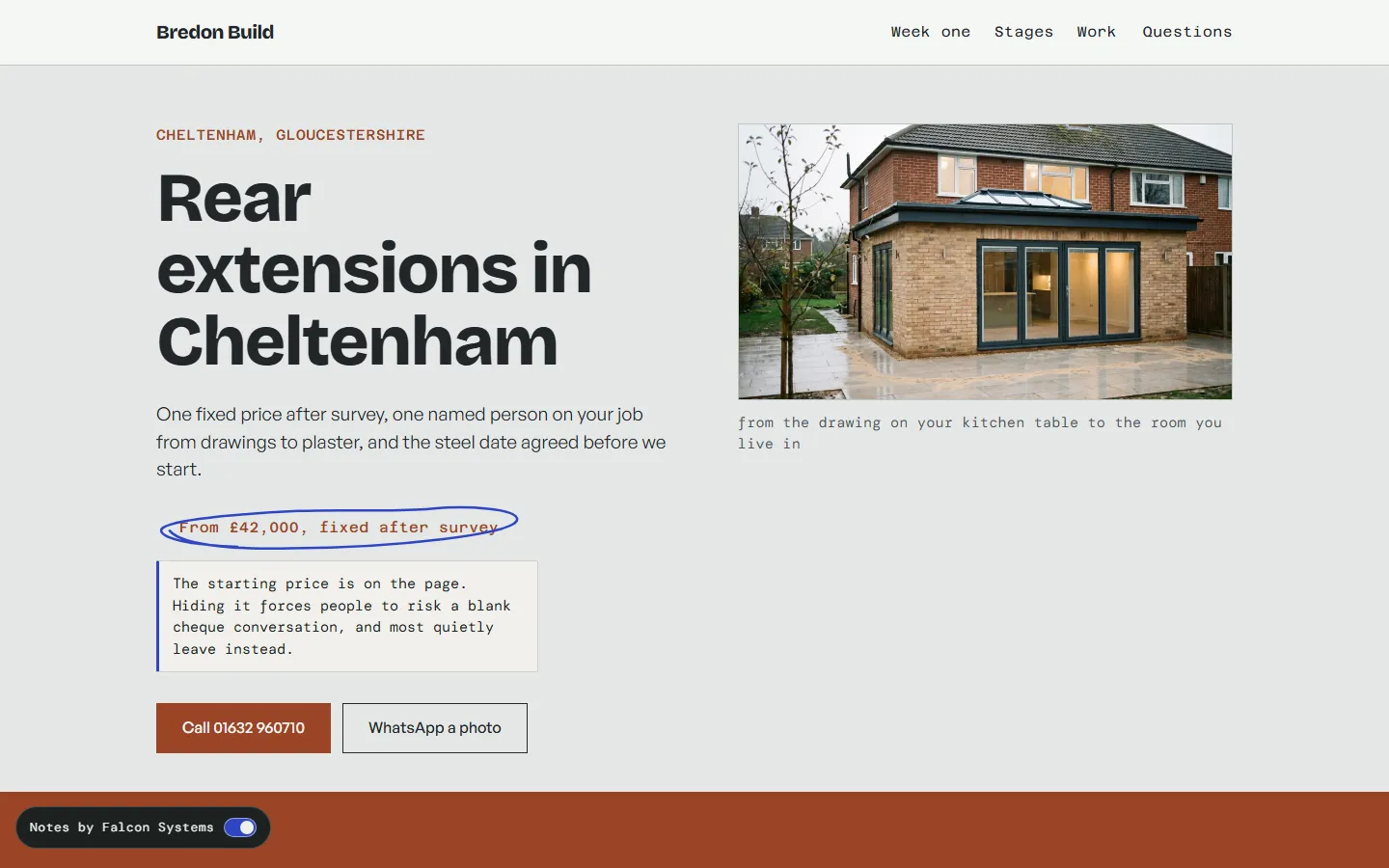 Bredon Build homepage: drawing-sheet layout with a dimension line under the hero