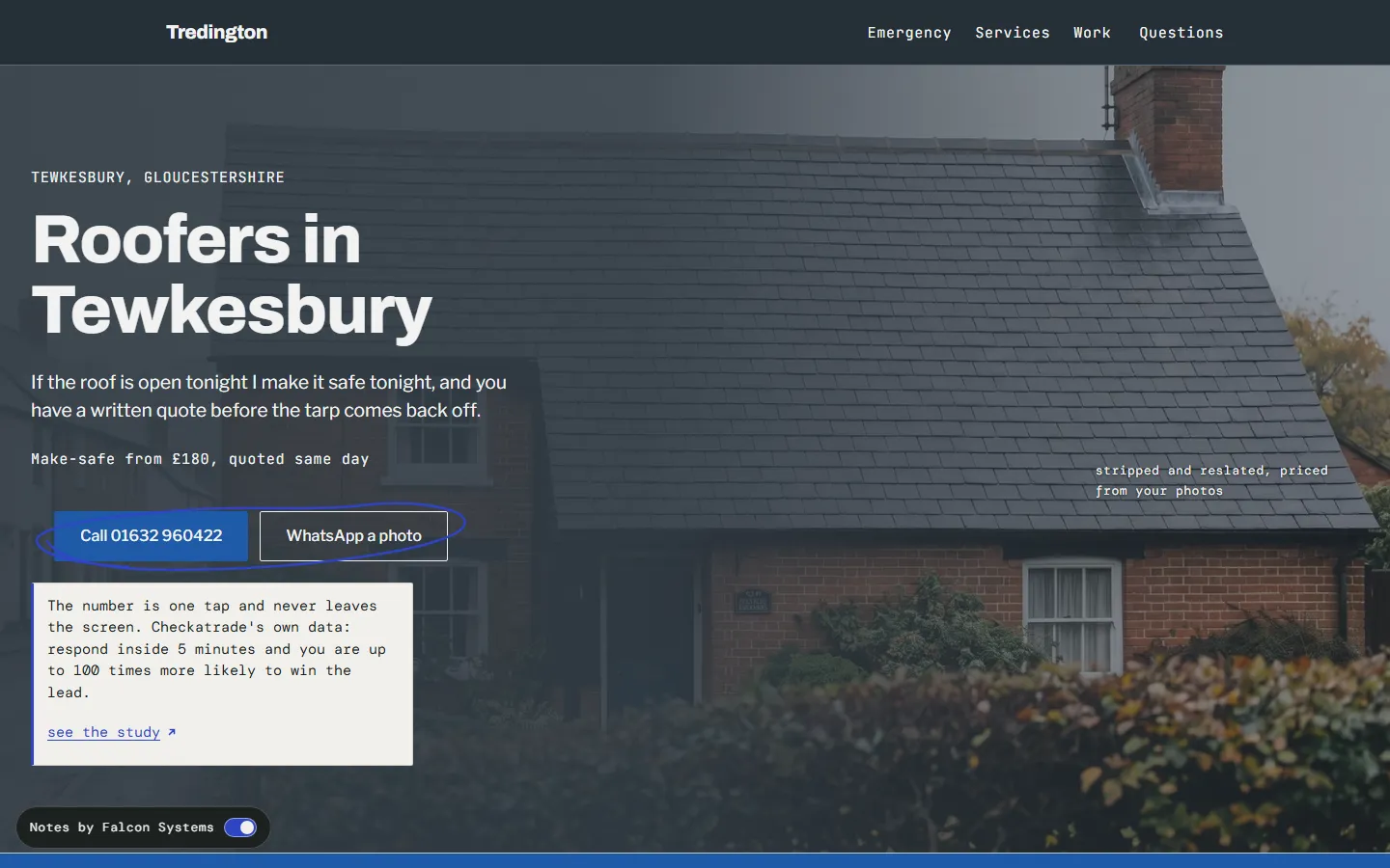 Tredington Roofing homepage: wet slate layout with a tarp blue emergency band