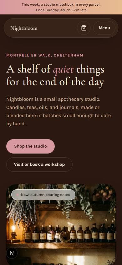 Nightbloom, apothecary homepage