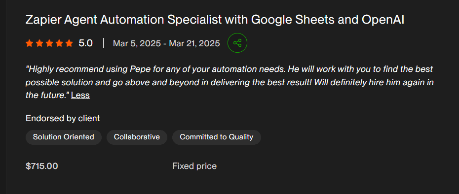 Highly recommend using Pepe for any of your automation needs. He will work with you to find the best possible solution and go above and beyond in delivering the best result! Will definitely hire him again in the future.