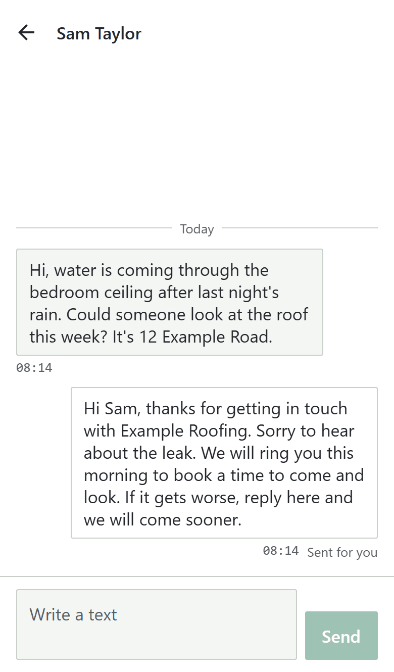 The Falcon app showing a new enquiry landing, with the instant reply already sent.