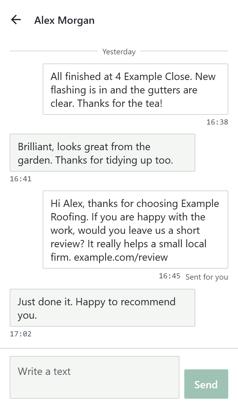 The Falcon app showing a polite review request going to a customer after the job.